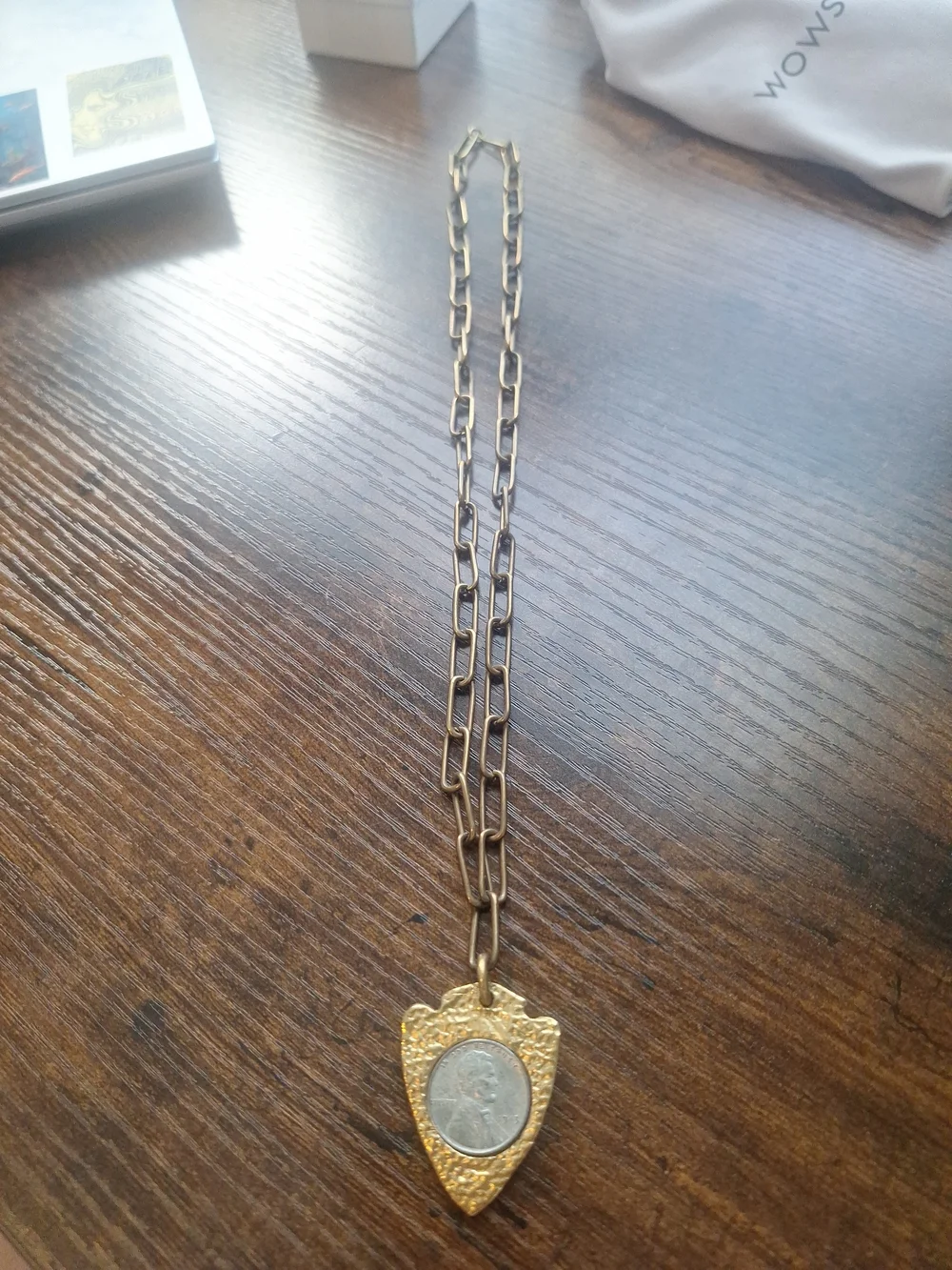Vintage GoldTone Arrowhead Pendant Necklace 1943 Zinc Penny Coin Accent Signed